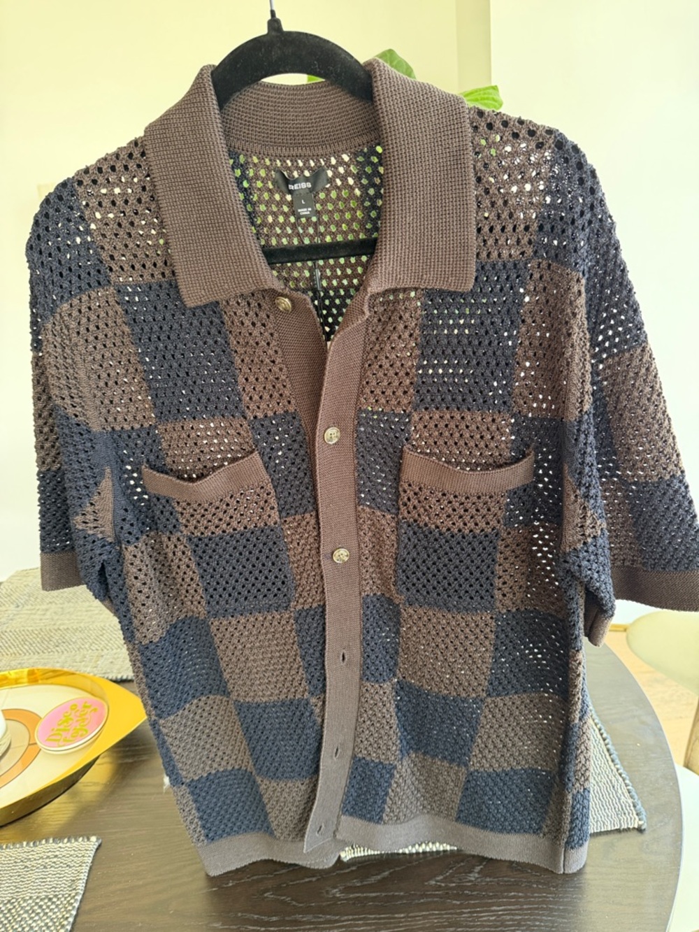 Reiss Open-Knit Check Cardigan in Brown & Navy